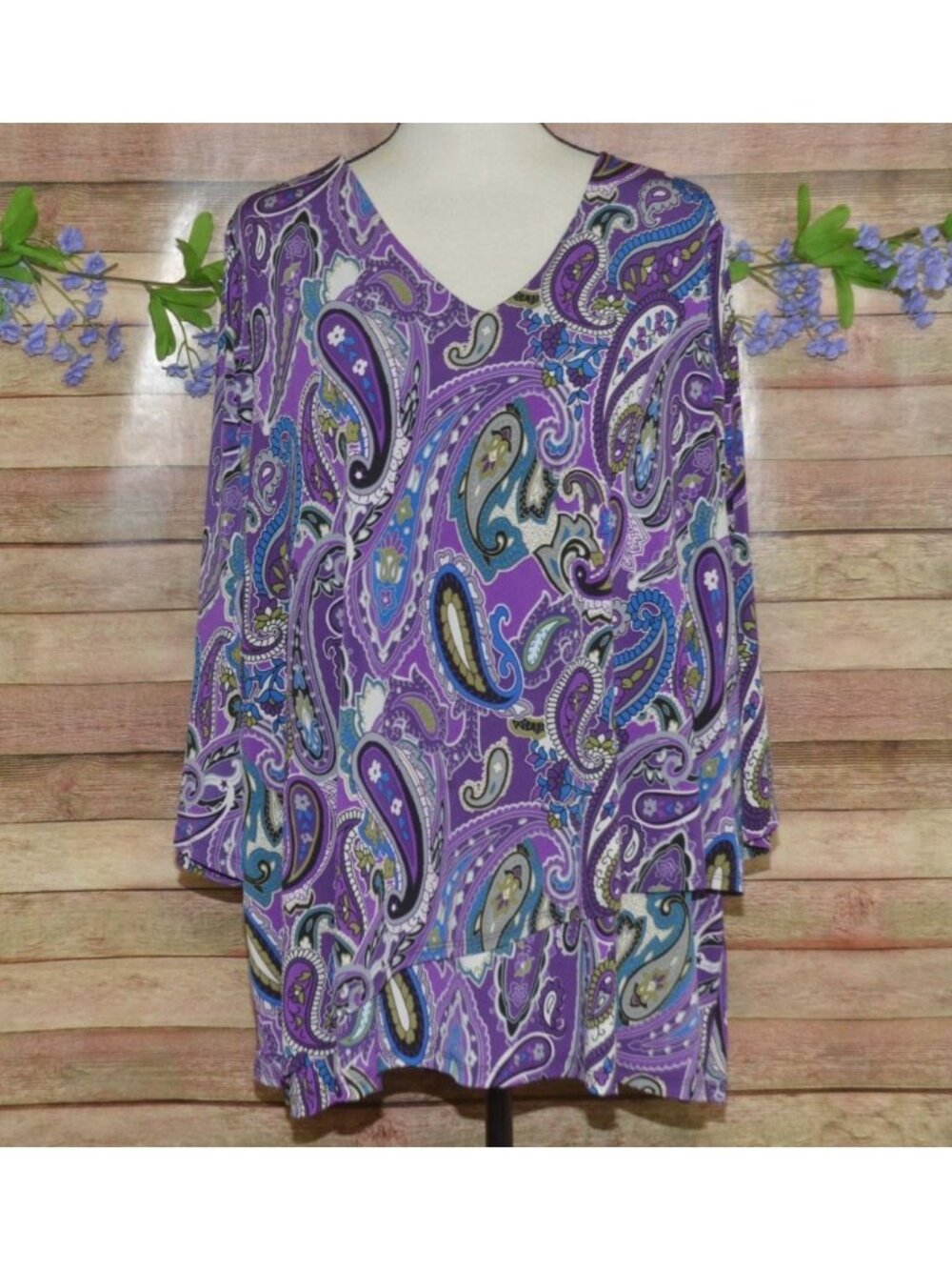 Susan Graver Liquid Knit Purple Paisley V-Neck Tunic 2X Stretch Travel Casual